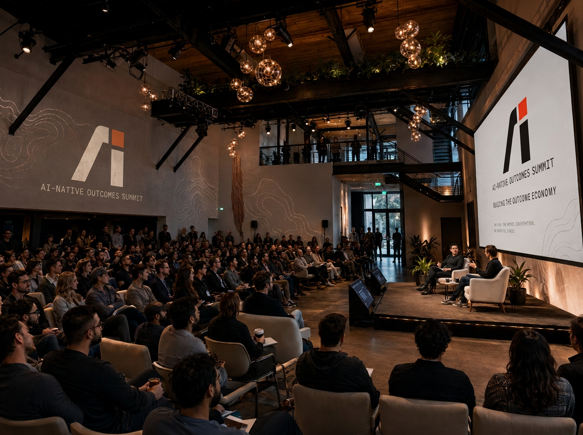 Conceptual rendering of the AI-Native Outcomes Summit main stage at The Pearl in San Francisco: a full audience facing a fireside conversation in front of the AI-Native Outcomes Summit stage screen.